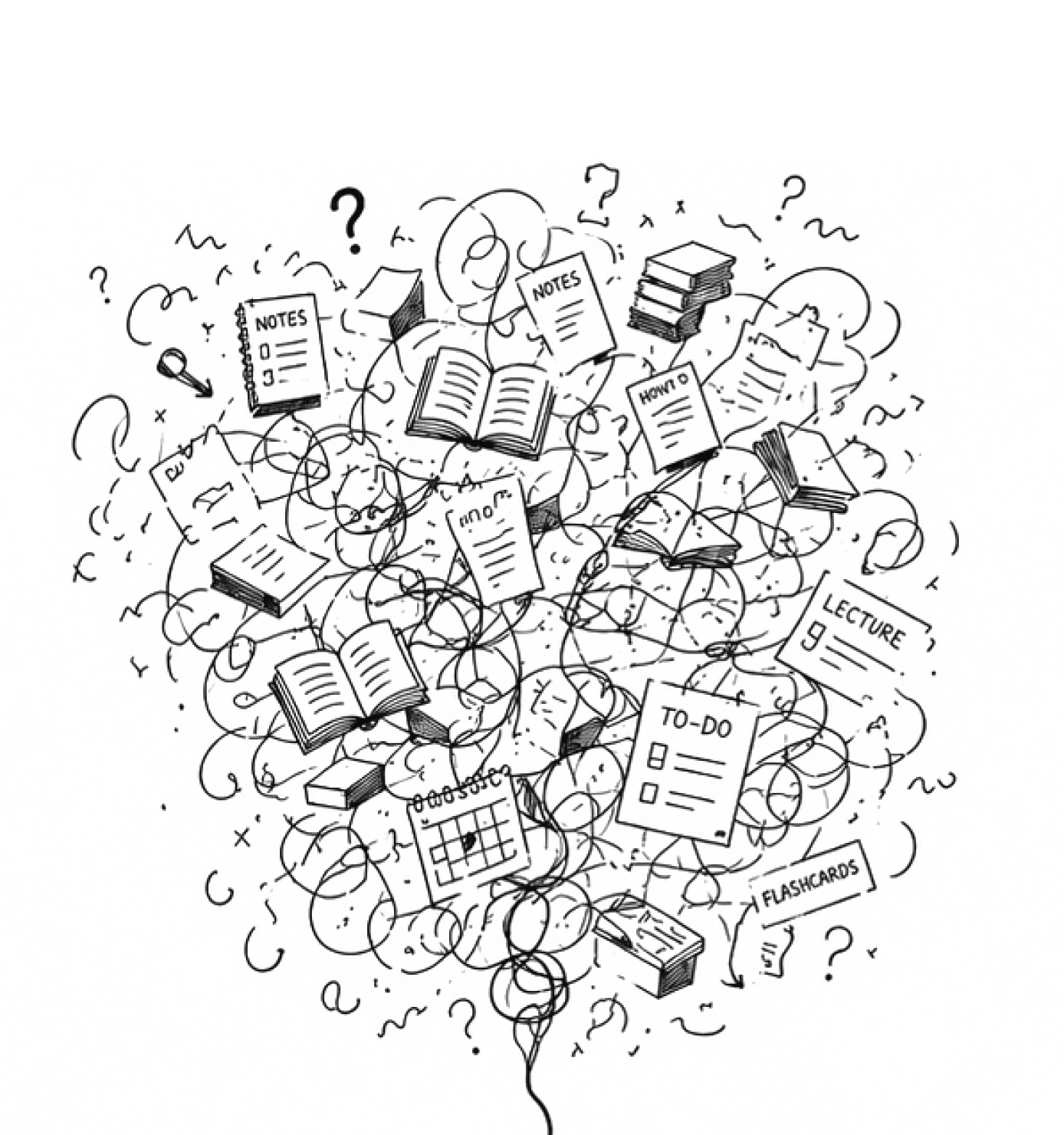Chaotic student study materials descending into a glowing lightbulb.