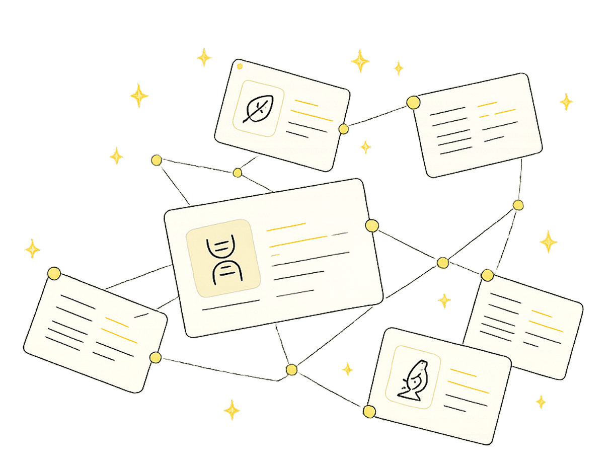 A constellation of connected study cards.