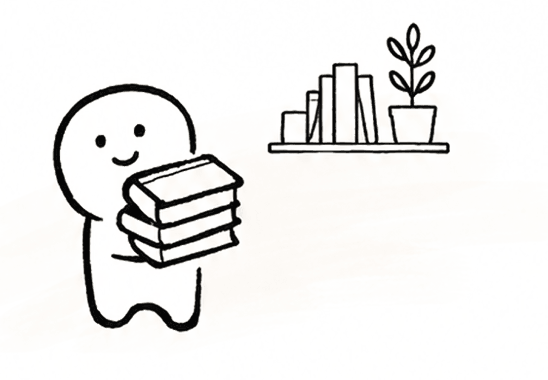 Hand-drawn study buddy carrying a stack of books beside a shelf.