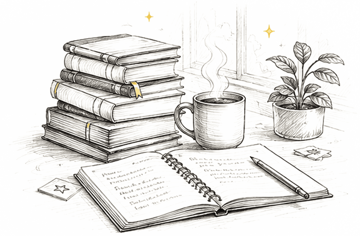 Hand-drawn stack of books, coffee, plant, and open notebook.