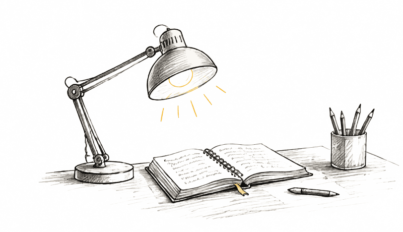Hand-drawn desk lamp, notebook, and pencils.