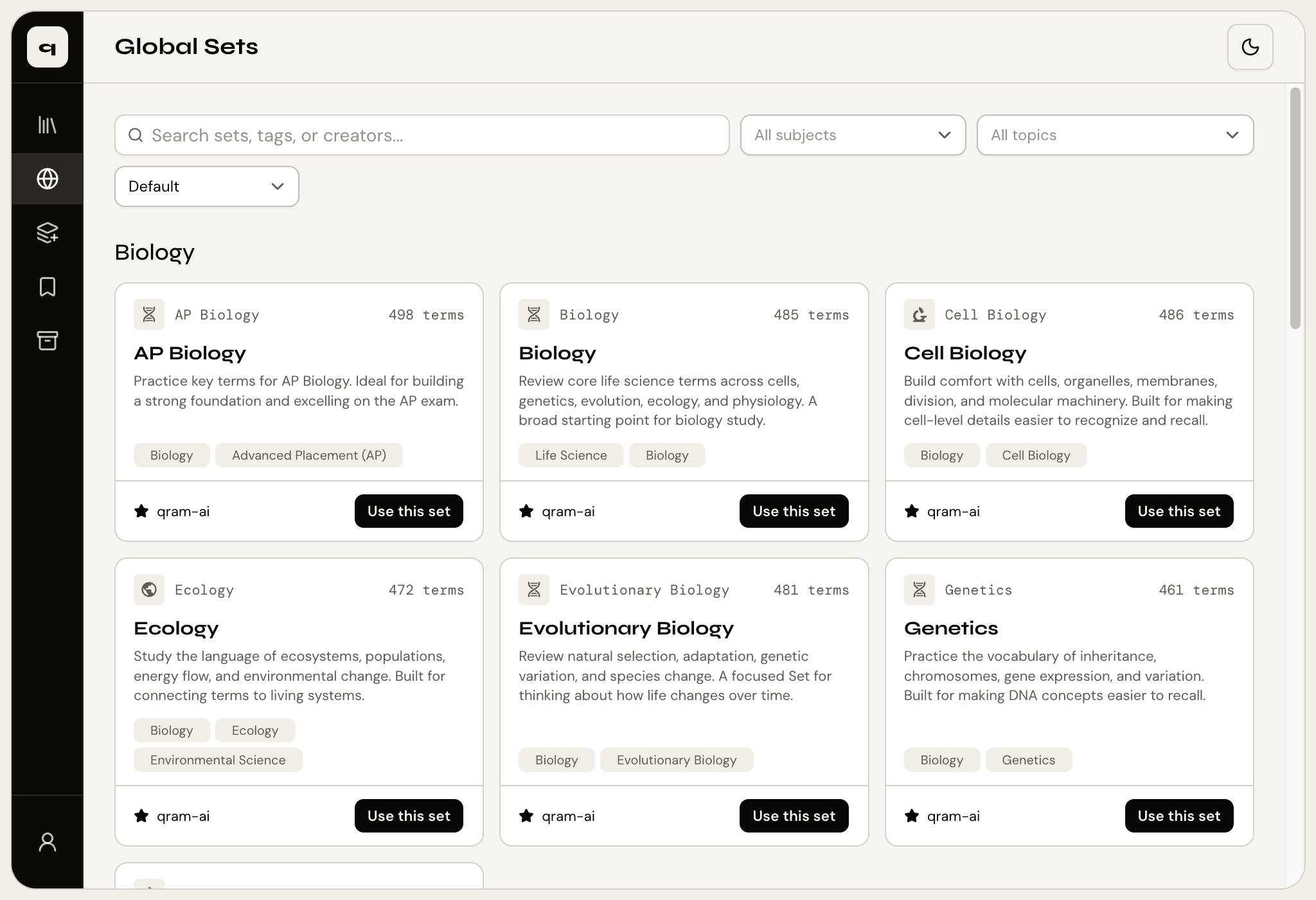 Global Sets catalog in qram