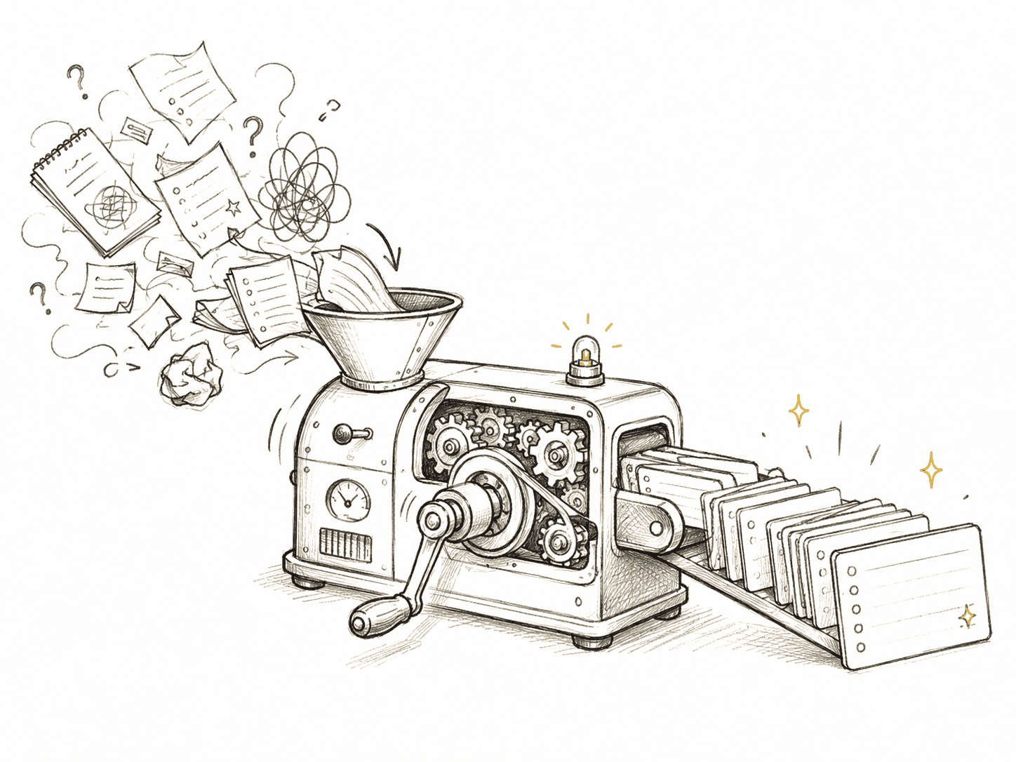Hand-drawn machine turning messy study notes into organized study cards.