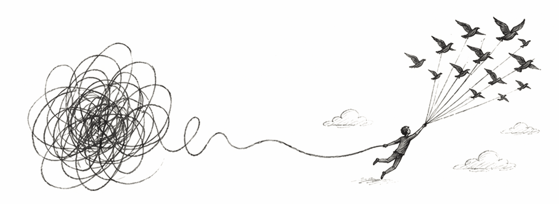 Hand-drawn line untangling from messy notes into a person lifted forward.