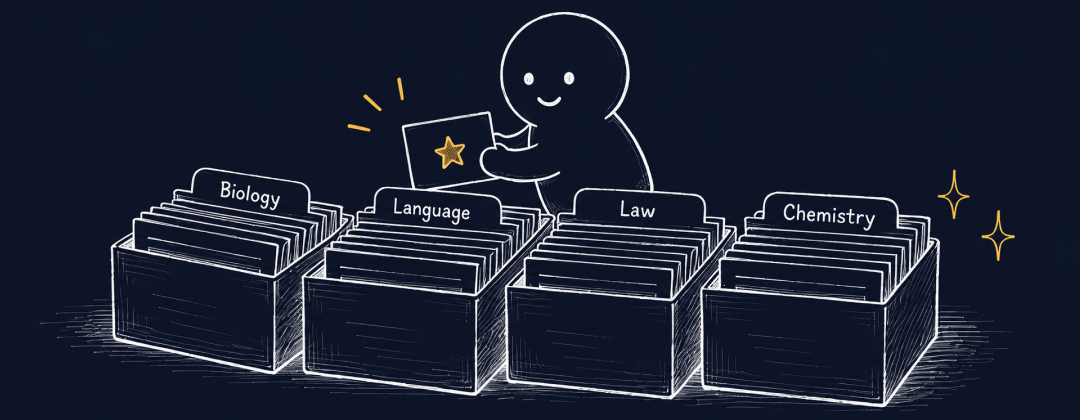 qram Buddy choosing a study card from boxes labeled Biology, Languages, Law, and Chemistry.