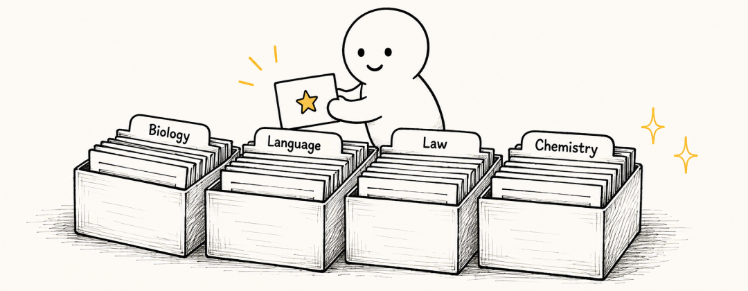 qram Buddy choosing a study card from boxes labeled Biology, Languages, Law, and Chemistry.